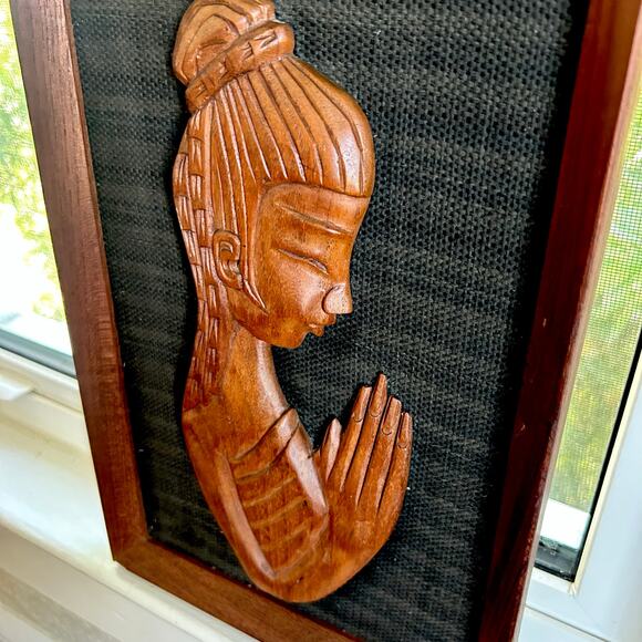 Vintage Hand-Carved Teak Woman Praying Buddha Wall Art, Prayer Pose Relief Panel - Picture 10 of 15
